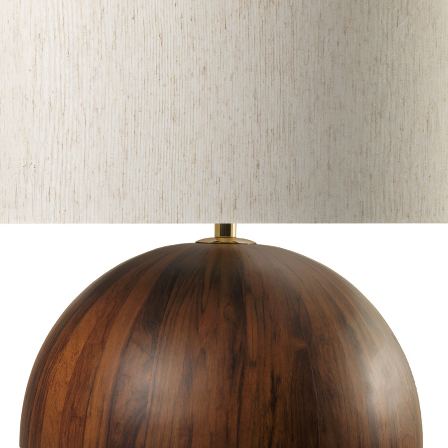 Abajur IMBU 01 em latão polido + esfera com lâmina de madeira imbuia + cúpula linho mesclado