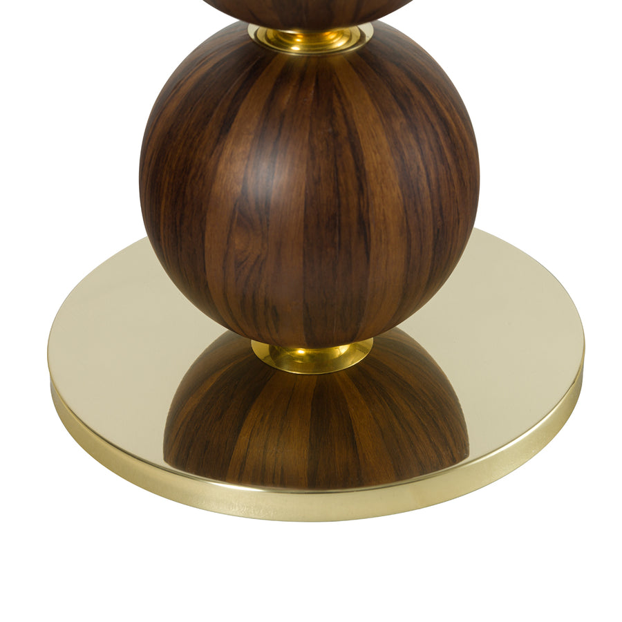Abajur IMBU 04 em latão polido + esferas com lâmina de madeira imbuia + cúpula linho mesclada