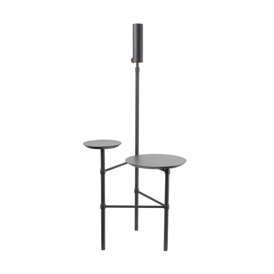 Luminária de piso ELO haste e cúpula microtextura preta + tampo duplo ebanizado