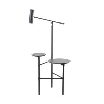 Luminária de piso ELO haste e cúpula microtextura preta + tampo duplo ebanizado