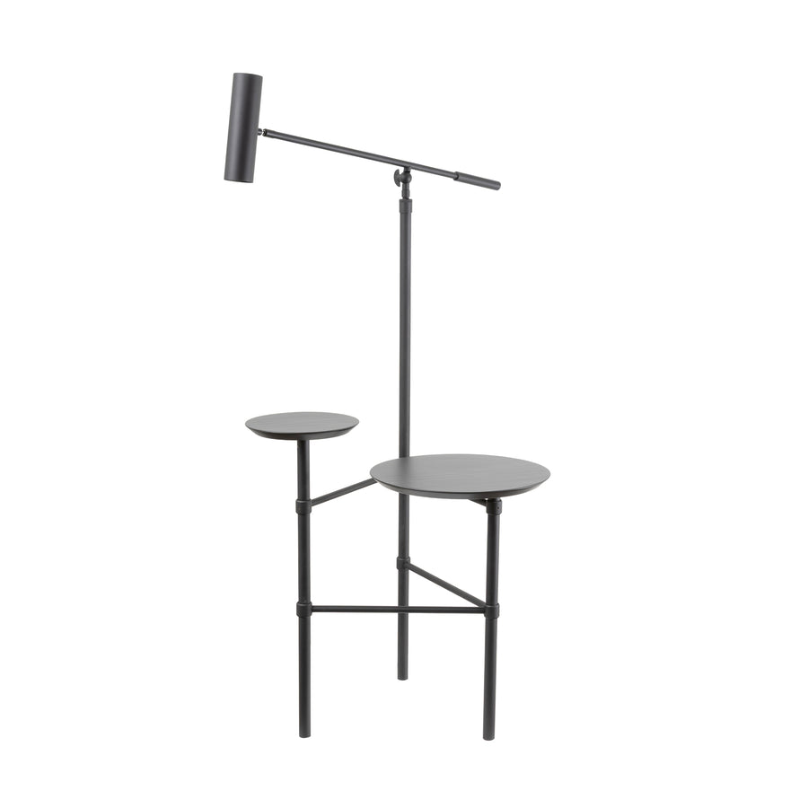 Luminária de piso ELO haste e cúpula microtextura preta + tampo duplo ebanizado