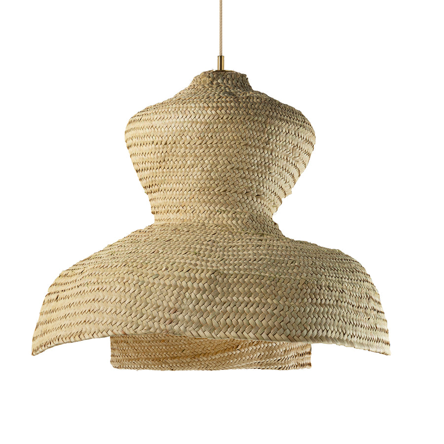 Pendant TRANCOSO two natural woven straw shades and polished brass finish