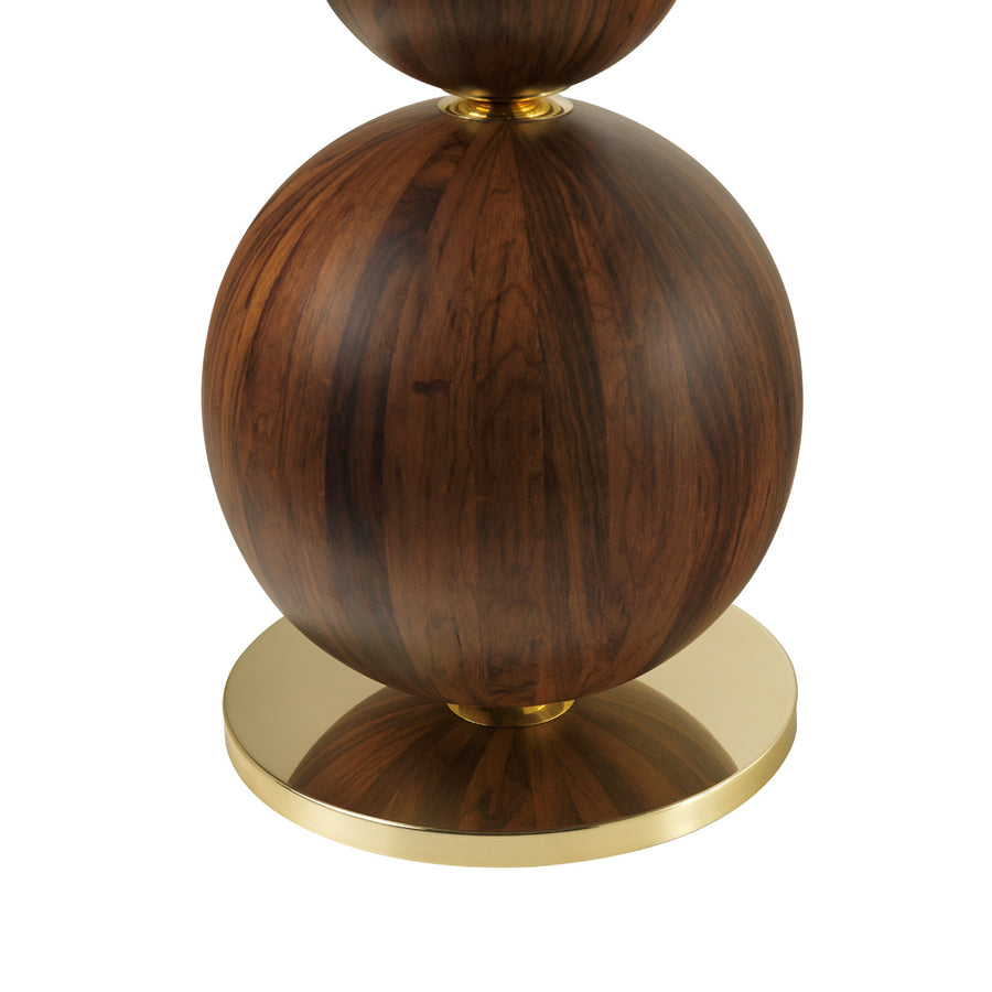 Abajur IMBU 02 em latão polido + esferas com lâmina de madeira imbuia + cúpula pergaminho vegetal