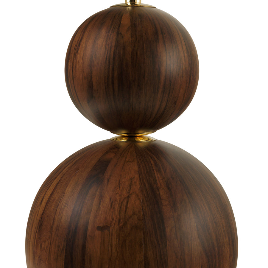 Abajur IMBU 02 em latão polido + esferas com lâmina de madeira imbuia + cúpula linho mesclado