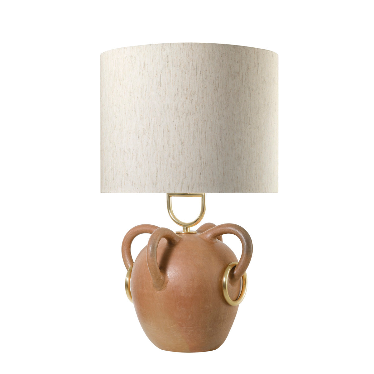 Abajur FONTE estrutura em barro + latão polido + cúpula linho cru