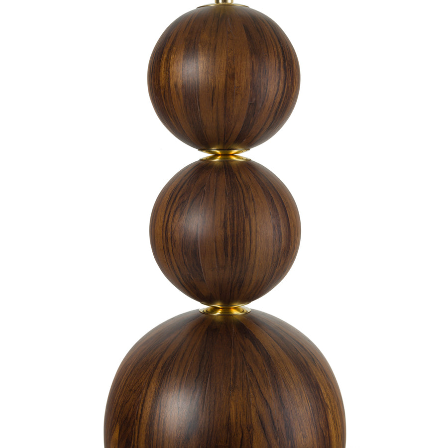 Abajur IMBU 03 em latão polido + esferas com lâmina de madeira imbuia + cúpula linho mesclada