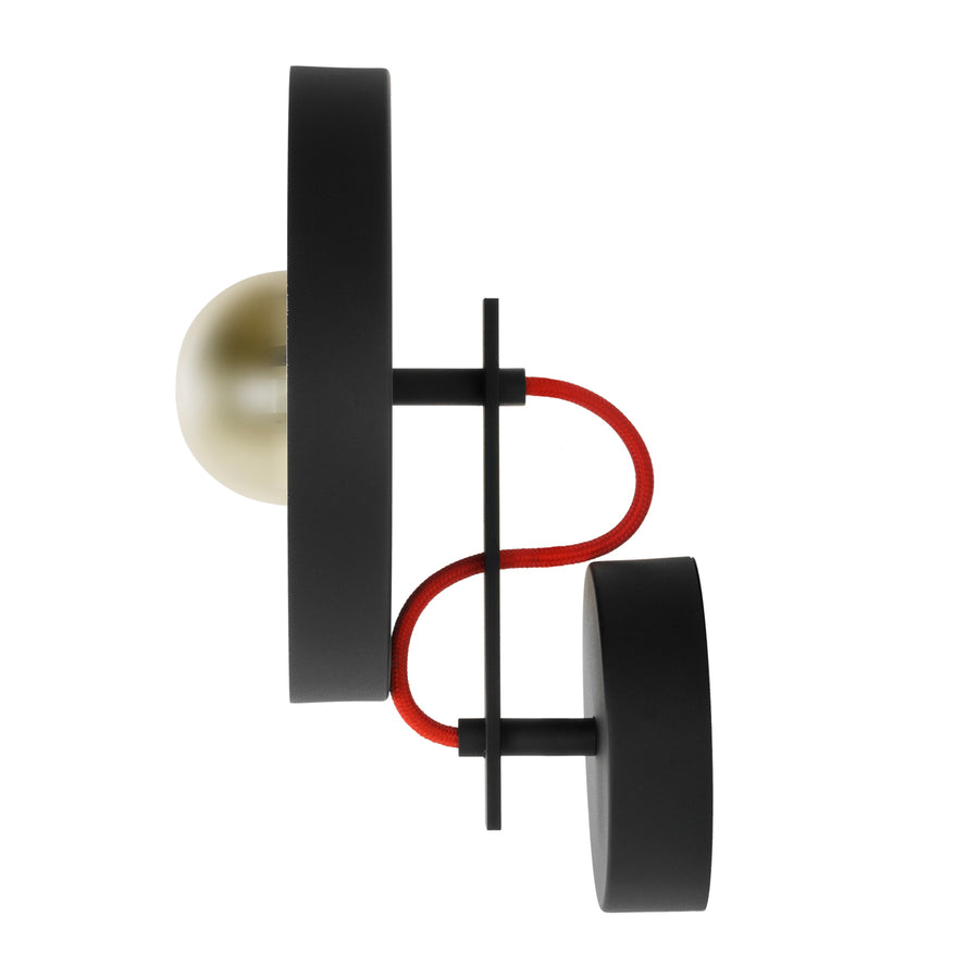 Arandela ZIGUE-ZAGUE solo 2 microtextura preta + acrílico + botão polido e fio vermelho