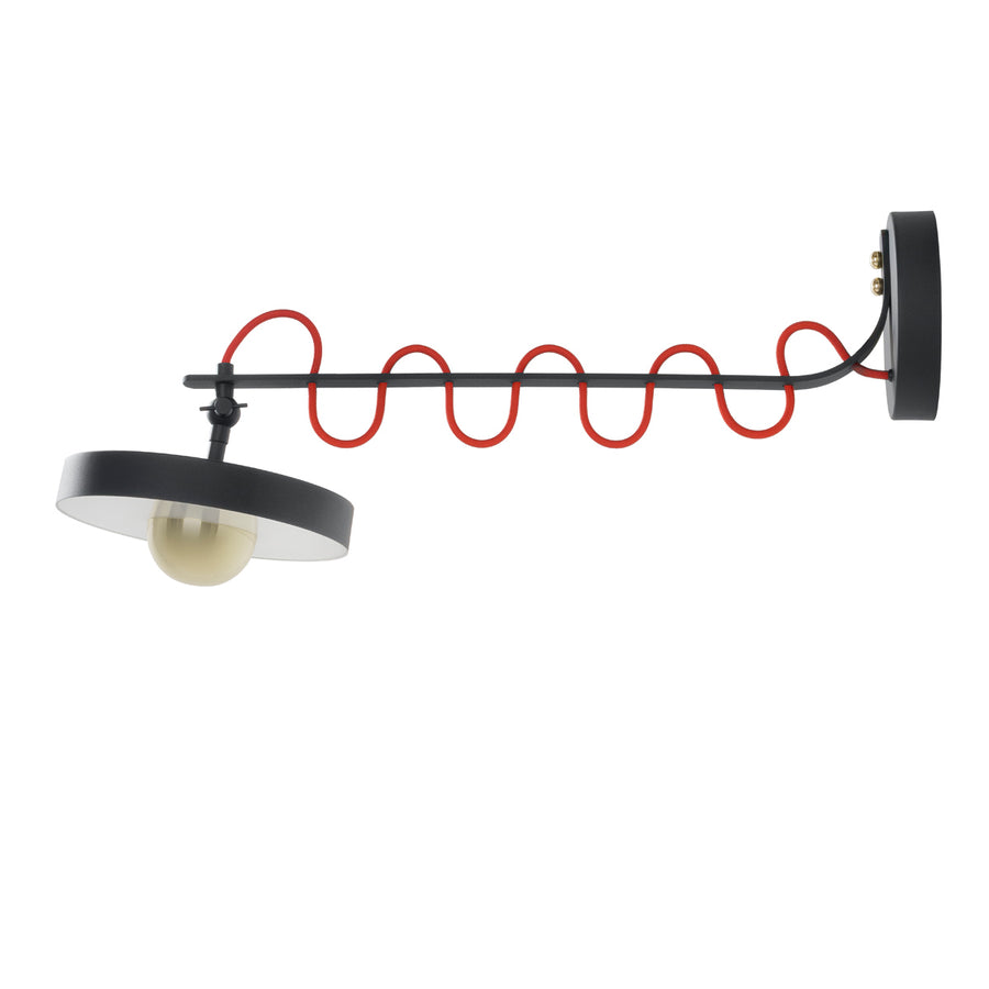 Arandela Haste longa ZIGUE-ZAGUE microtextura preta + acrílico + botão polido e fio vermelho