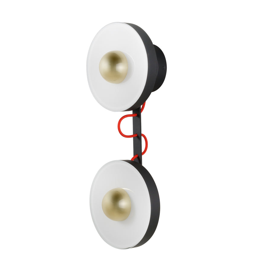 Arandela dupla ZIGUE-ZAGUE microtextura preta + acrílico + botão polido + fio vermelho