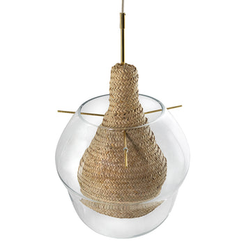 Pendente CABAÇA G haste e varetas latão polido + cúpula vidro soprado + cesto palha natural trançada