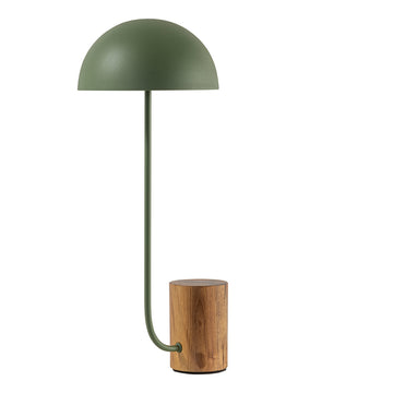 Abajur COGUMELO M base de madeira freijó + haste e cúpula microtextura verde oliva