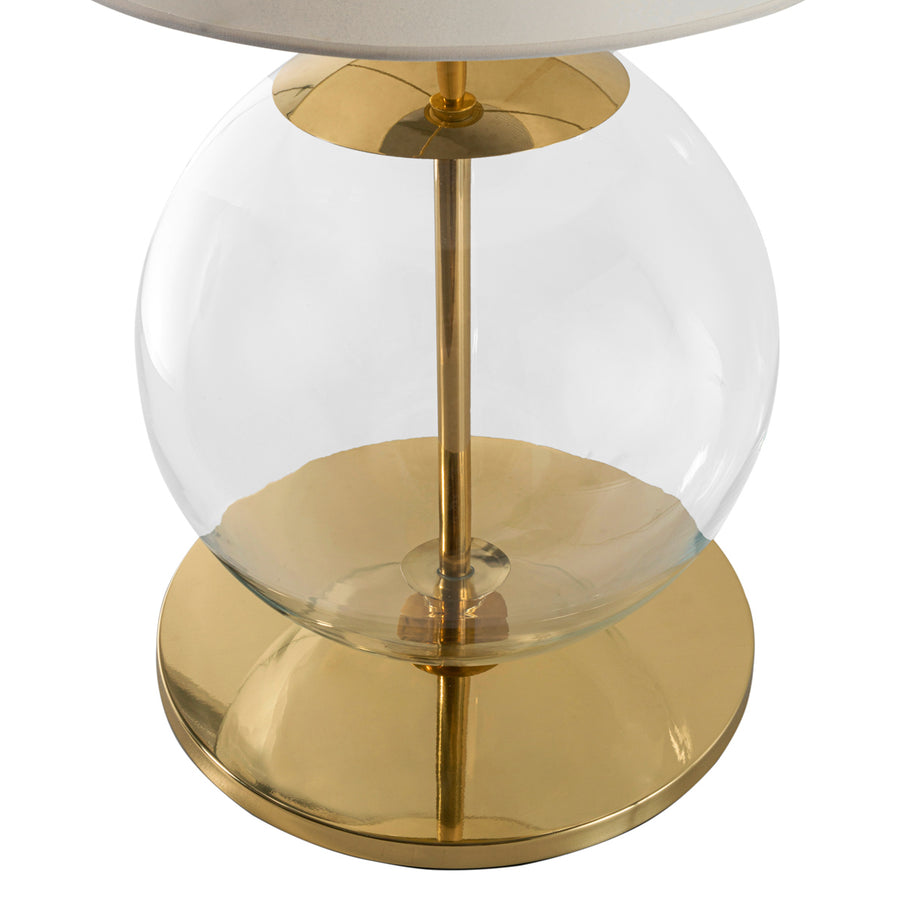 Abajur ESSI latão polido + esfera de vidro soprado + cúpula linho branco