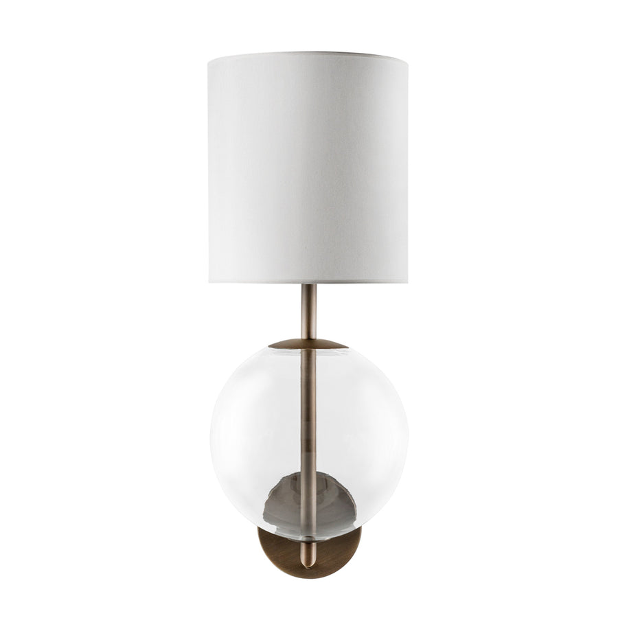 Wall light ESSI oxidized matte brass ( grey) + blown glass sphere + white linen shade
