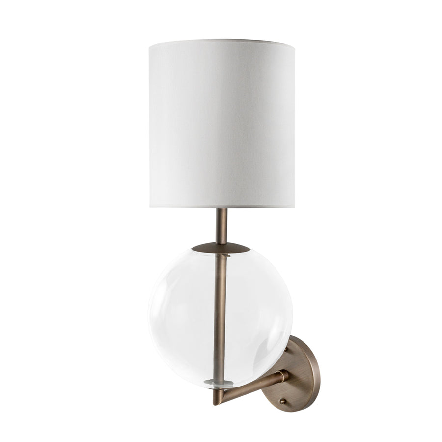 Wall light ESSI oxidized matte brass ( grey) + blown glass sphere + white linen shade
