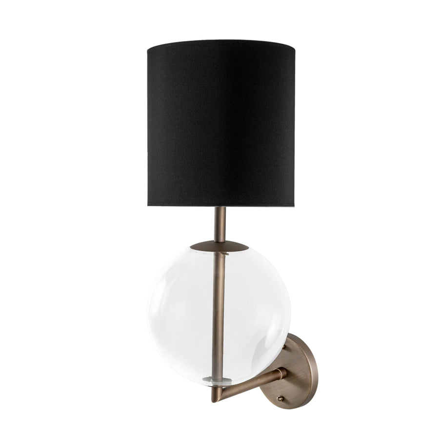 Wall light ESSI M oxidized matte brass (grey) + blown glass sphere + black linen shade