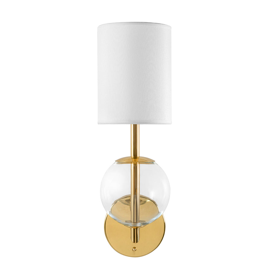 Wall light ESSI P polished brass + blown glass sphere + white linen shade