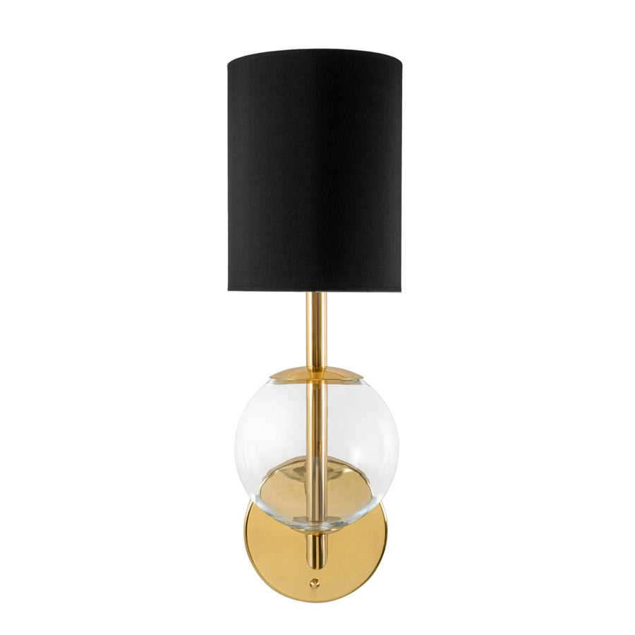 Wall light ESSI P polished brass + blown glass sphere + black linen shade