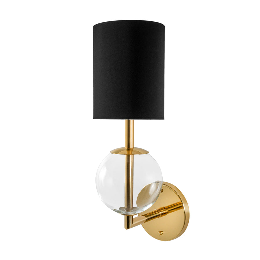 Wall light ESSI P polished brass + blown glass sphere + black linen shade