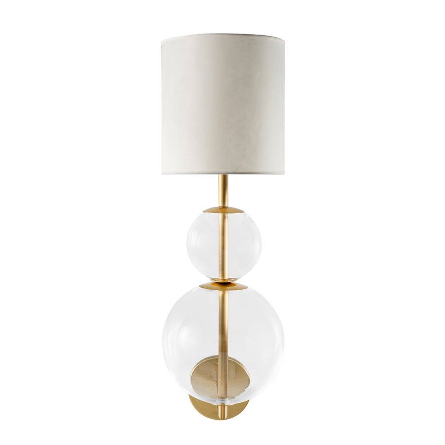 Wall light HENRIQUETA polished brass + blown glass sphere + white linen shade