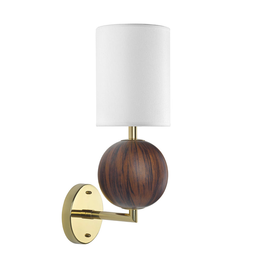 Wall light IMBU 01 polished brass + sphere with imbuia wood blade + white linen shade