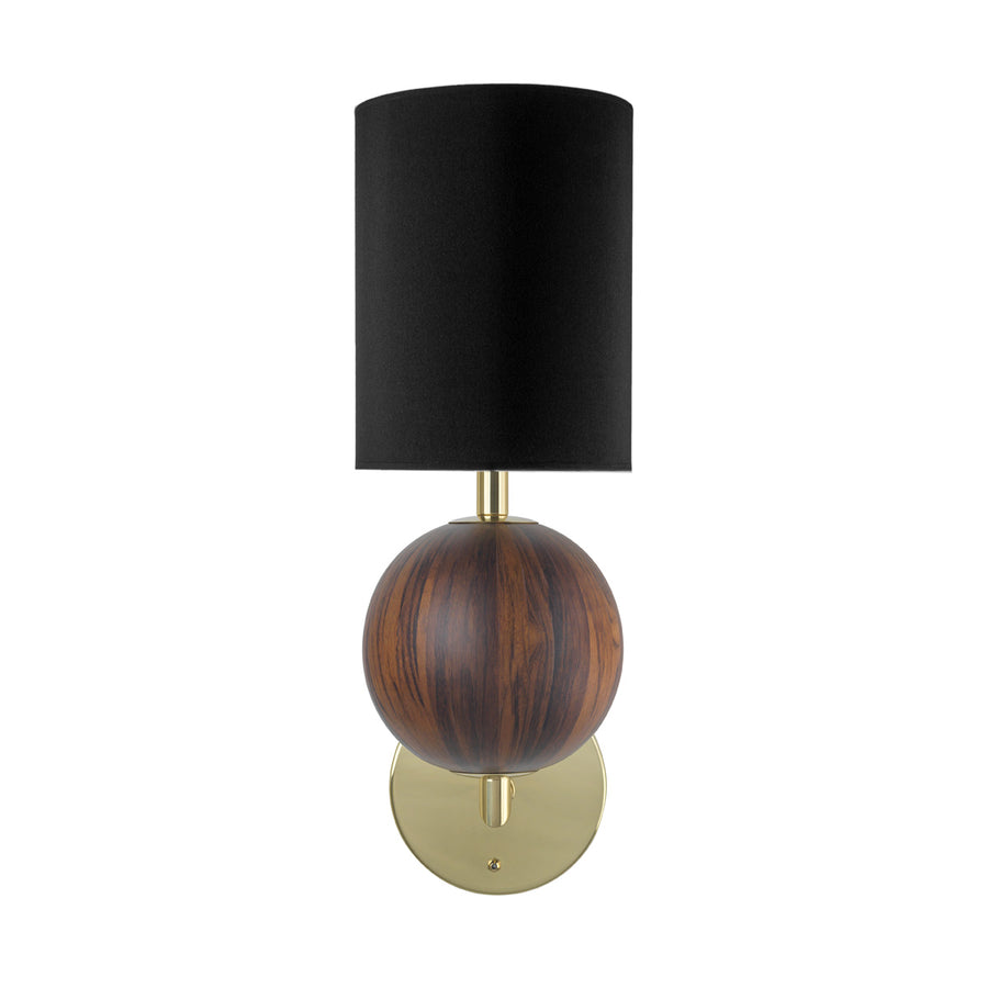 Arandela IMBU 01 em latão polido + esfera com lâmina de madeira imbuia + cúpula linho preto