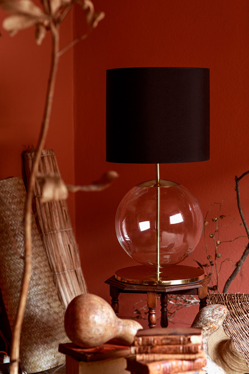 Lampshade ESSI polished brass + blown glass sphere + white linen shade