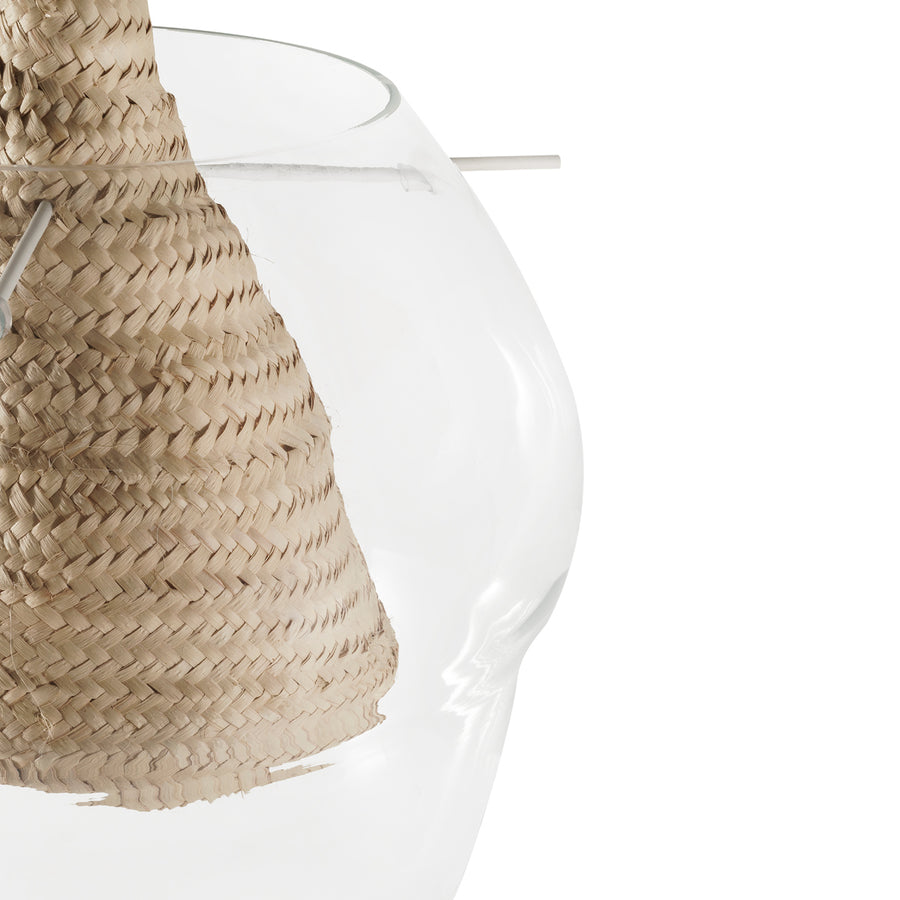 Pendant CABAÇA G polished brass ramrod and stem + blown glass + natural woven straw basket