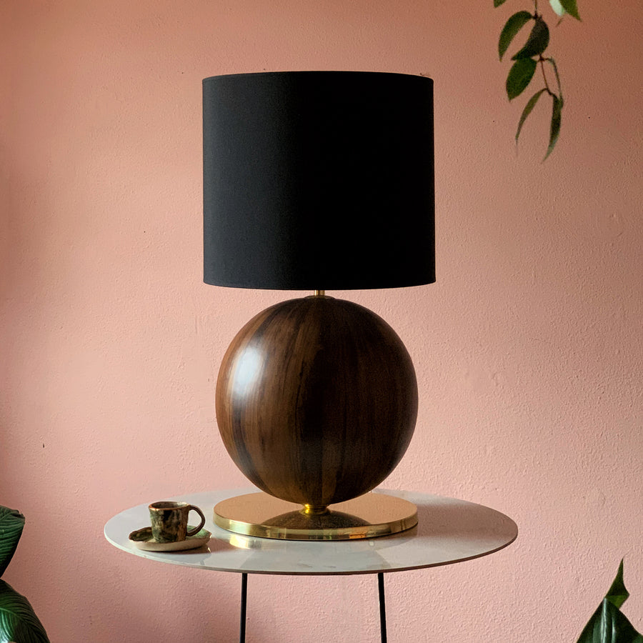 Lampshade IMBU 01 polished brass +  sphere with imbuia wood blade + vegetal parchment shade